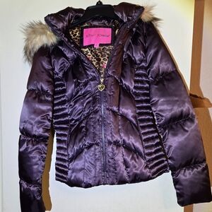 Betsey Johnson Plum Puffer Jacket with Faux Fur Hood, Size Medium